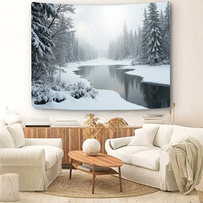 1pc Wall Tapestry "Winter Wonderland Tapestry - Snowy Forest & River Scene"