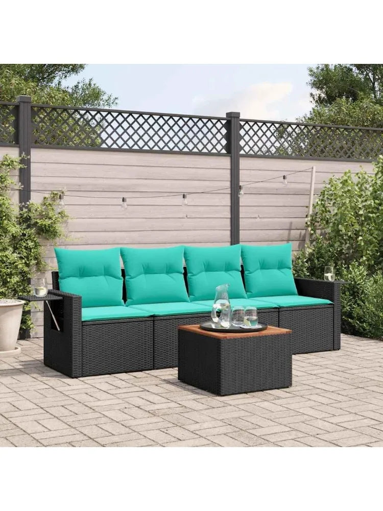 Sofa Set with Cushions Black Poly Rattan Patio Couch Outdoor Furniture for Deck Backyard