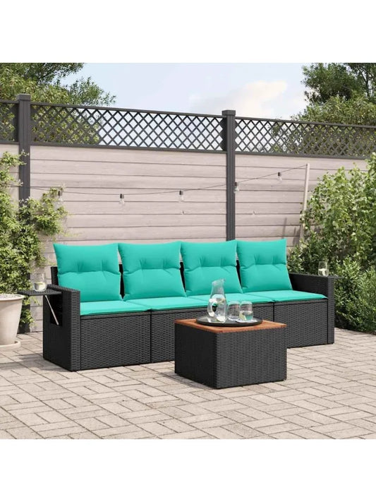 Sofa Set with Cushions Black Poly Rattan Patio Couch Outdoor Furniture for Deck Backyard