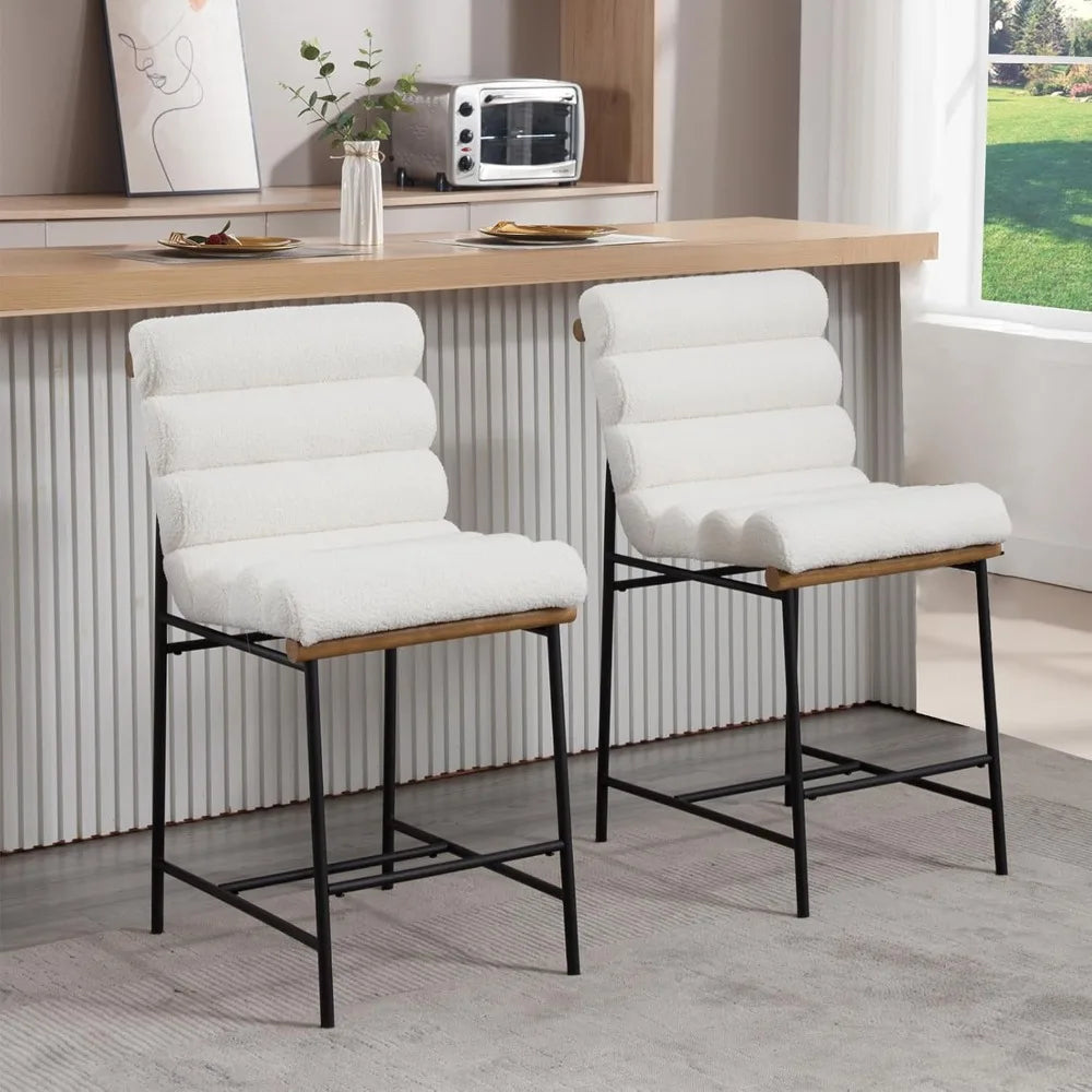 Bar stools Set of 2,25” Modern Upholstered Counter stools with Black Metal Legs, Sherpa Counter Height Chairs for Kitchen Island