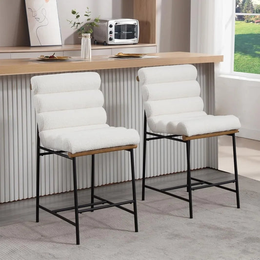 Bar stools Set of 2,25” Modern Upholstered Counter stools with Black Metal Legs, Sherpa Counter Height Chairs for Kitchen Island