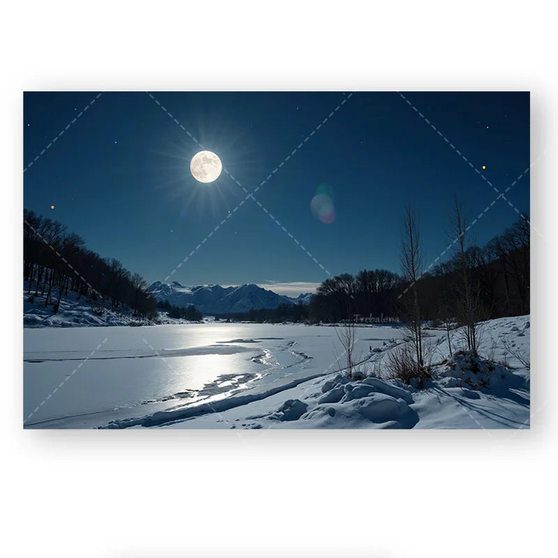 1pc Wall Tapestry "Starry Night Snowscape Tapestry - Full Moon Over Winter Lake"
