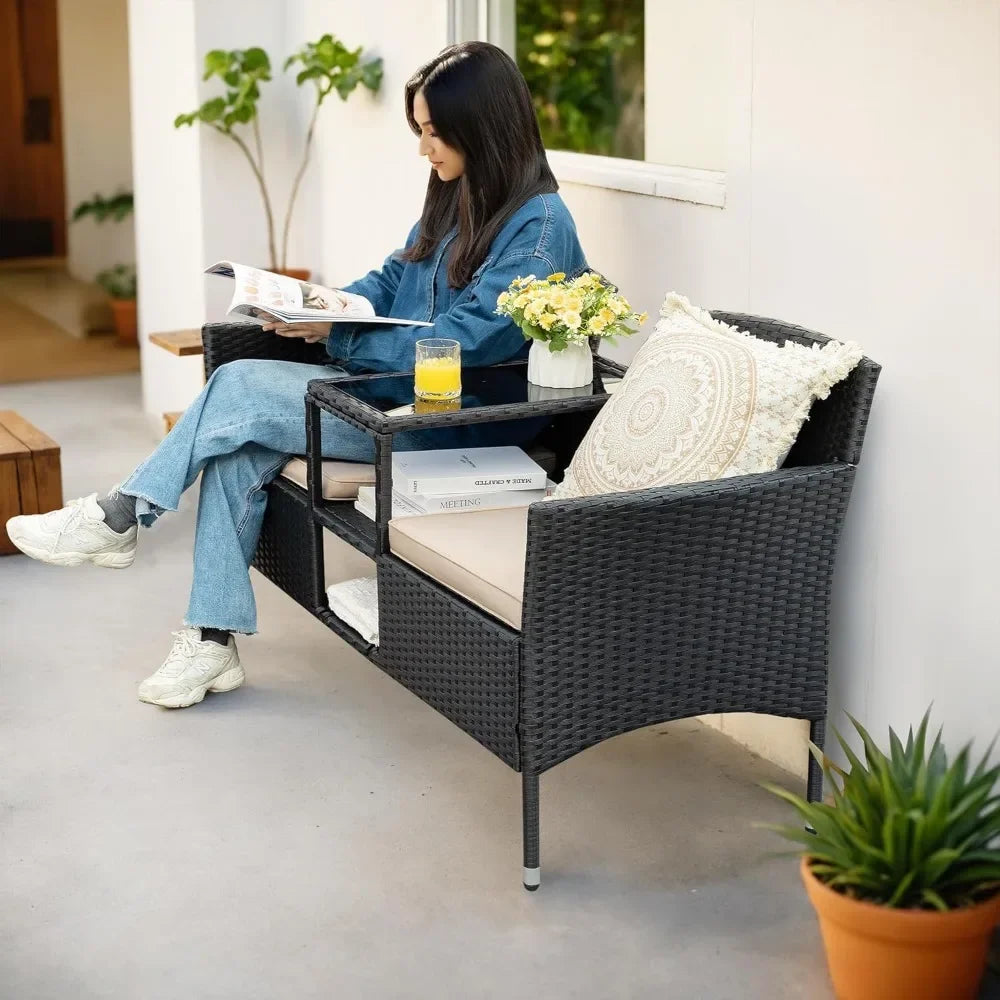 Outdoor Furniture Patio Loveseat Wicker Seat with Built-in Table and Cushions Rattan Porch Chairs Bench for Balcony, Lawn