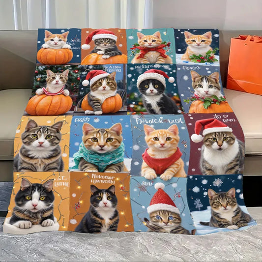 Flannel Blanket-Soft Lightweight All-season Cute Cats in Christmas Hats Soft Baby Blanket for Cozy Nights