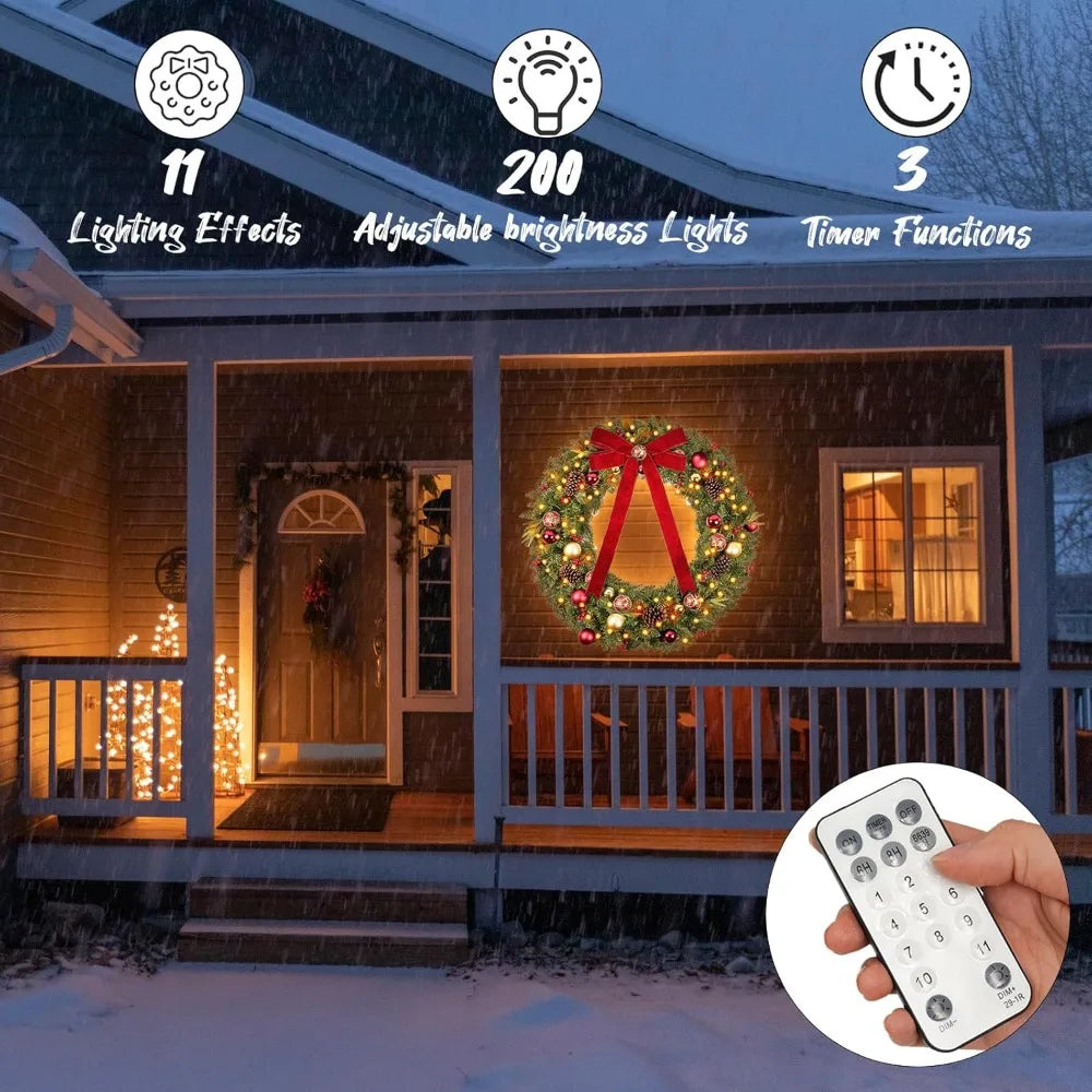 Vlorart 48 Large Outdoor Christmas Wreath with 200 LED Lights, Artificial Pre-lit Decor for Home Exterior