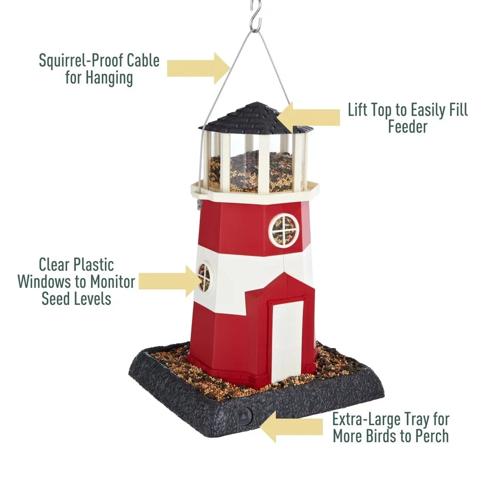 Hopper Bird Feeder Nautical Lighthouse Design Squirrel Proof Removable Tray Easy Clean Hanging or Pole Mounted 8 lb Capacity