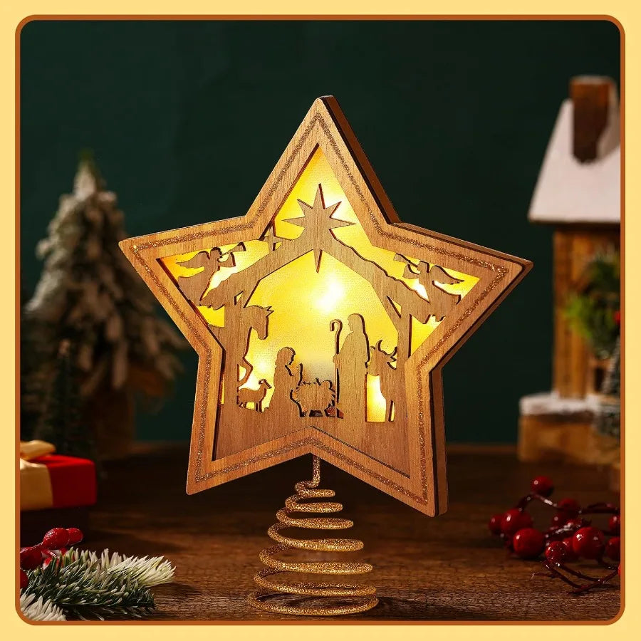 9.2 x 7.8 Inch Nativity Christmas Tree Topper Star with LED Light for Religious Christian Party Decoration Ideal for Tabletop D