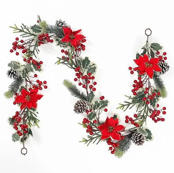 6FT Red Berry Christmas Garland,Artificial Berries Garland with Pine Cones,Poinsettia Flowers and Holly Leaves,Poinsettia Chris
