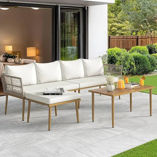 Patio Furniture Set, 6 Pieces Outdoor Rattan Woven Sectional Sofa Patio Loveseat With Ottoman And And Side Table, Conversation