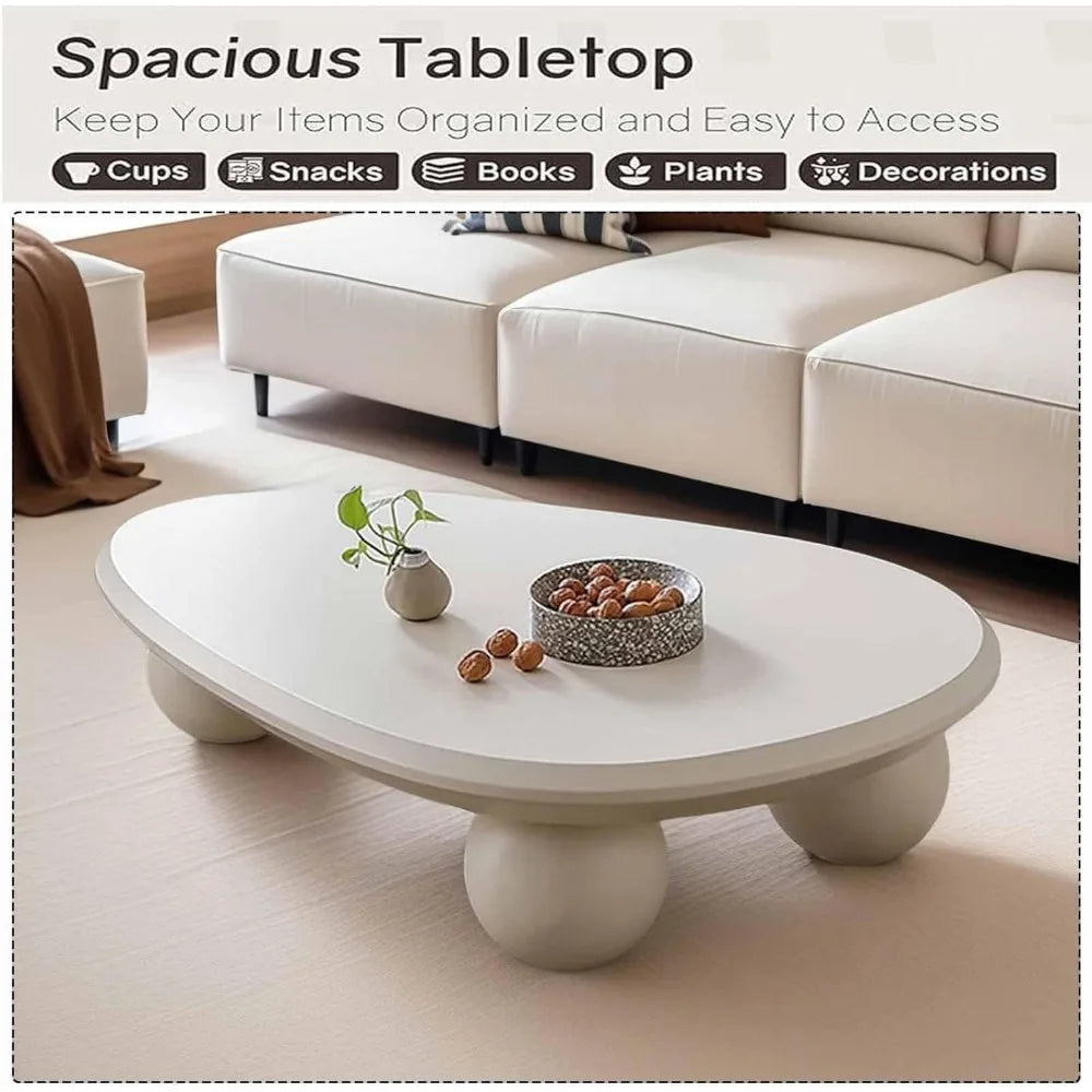 White Modern Coffee Table Cloud Shape Low Coffee Table Cartoon Irregular Indoor Accent Tea Table with 3 Round Ball Leg, for Livi