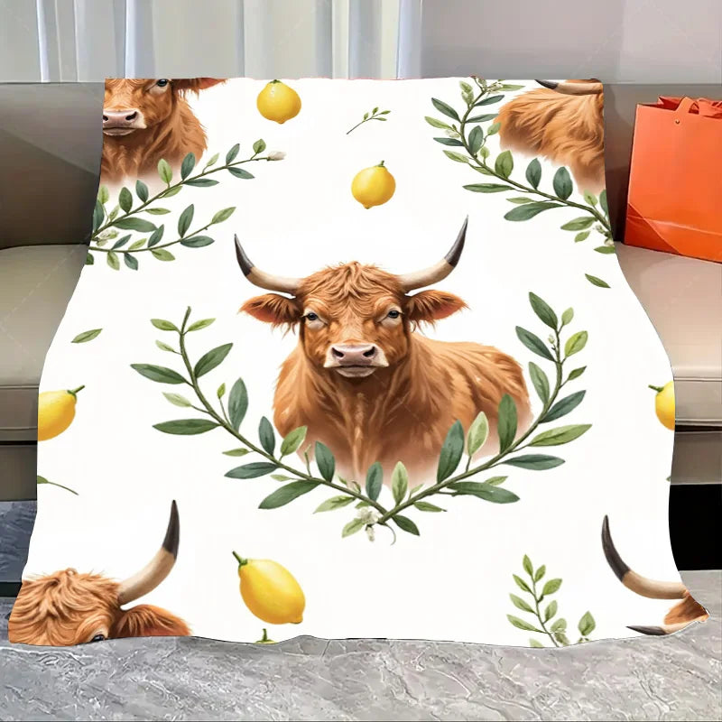 1pc Flannel Blanket Autumn Highland Cow Fleece Blanket - Cozy Fall Scene Throw