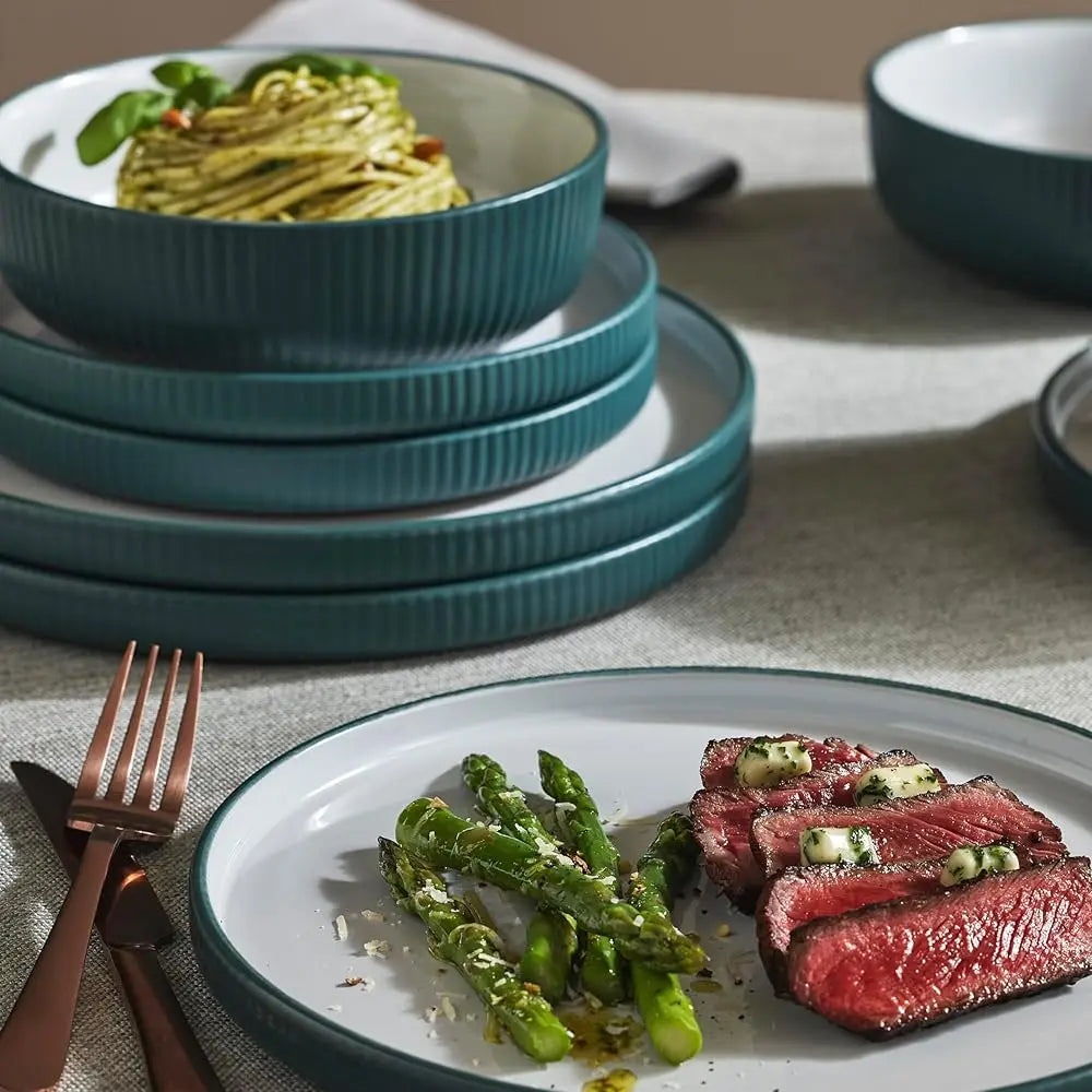 Christian Siriano Laro 12-Piece Stoneware Dinnerware Set, Plates And Bowls Set, Microwave And Dishwasher Safe, Dish Set For 4,