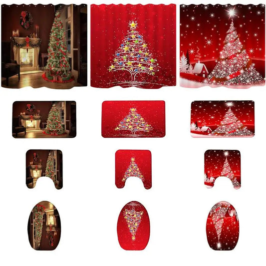 Christmas Shower Curtains Set Waterproof Bathroom Toilet Lid Cover Set Creative Shower Drapes Non-Slip Bath Mat For Home