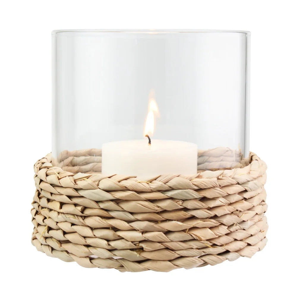 2 Pack Decorative Hurricane Candle Holder Woven Hyacinth Reed Pillar Style Home Decor Accent Gift