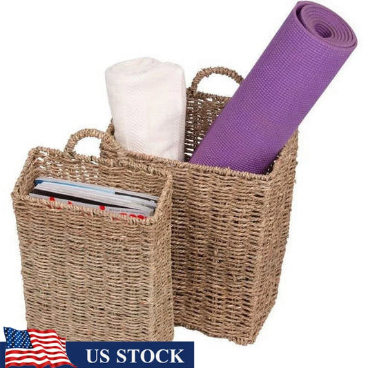 Set of 2 Wall Mounted Woven Seagrass Baskets Storage Organizing Magazines Newspapers Home Decor Small Spaces