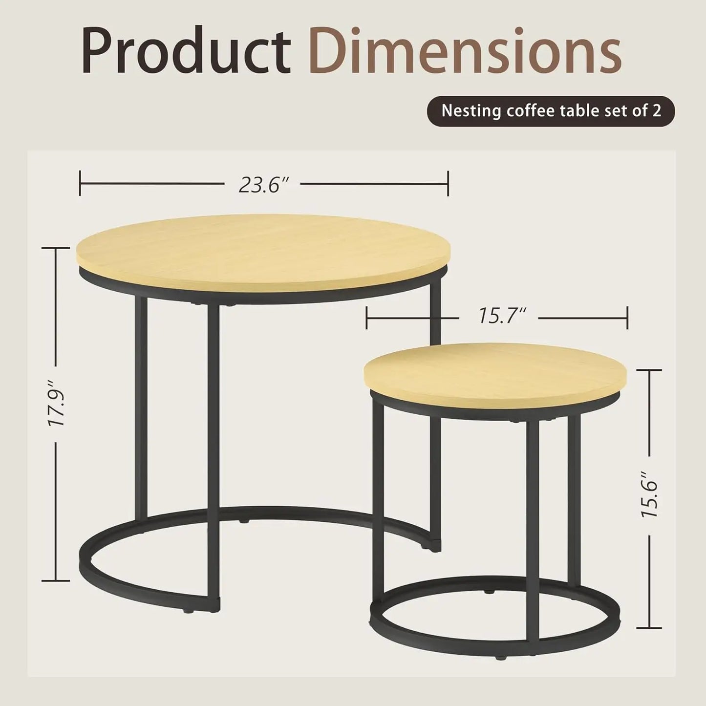 Nesting Tables Set of 2, Round Coffee Table, Small Nesting Coffee Table with Adjustable Non-Slip Fee, Wood Grain Top Nesting Tab