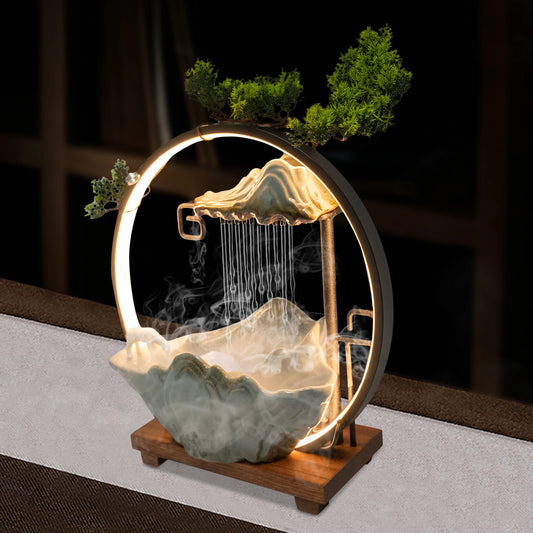 Multi-functional Tabletop Fountain with LED Light, Ceramic, Wooden Base, Pressure Relieving, Perfect for Meditation & Relaxation