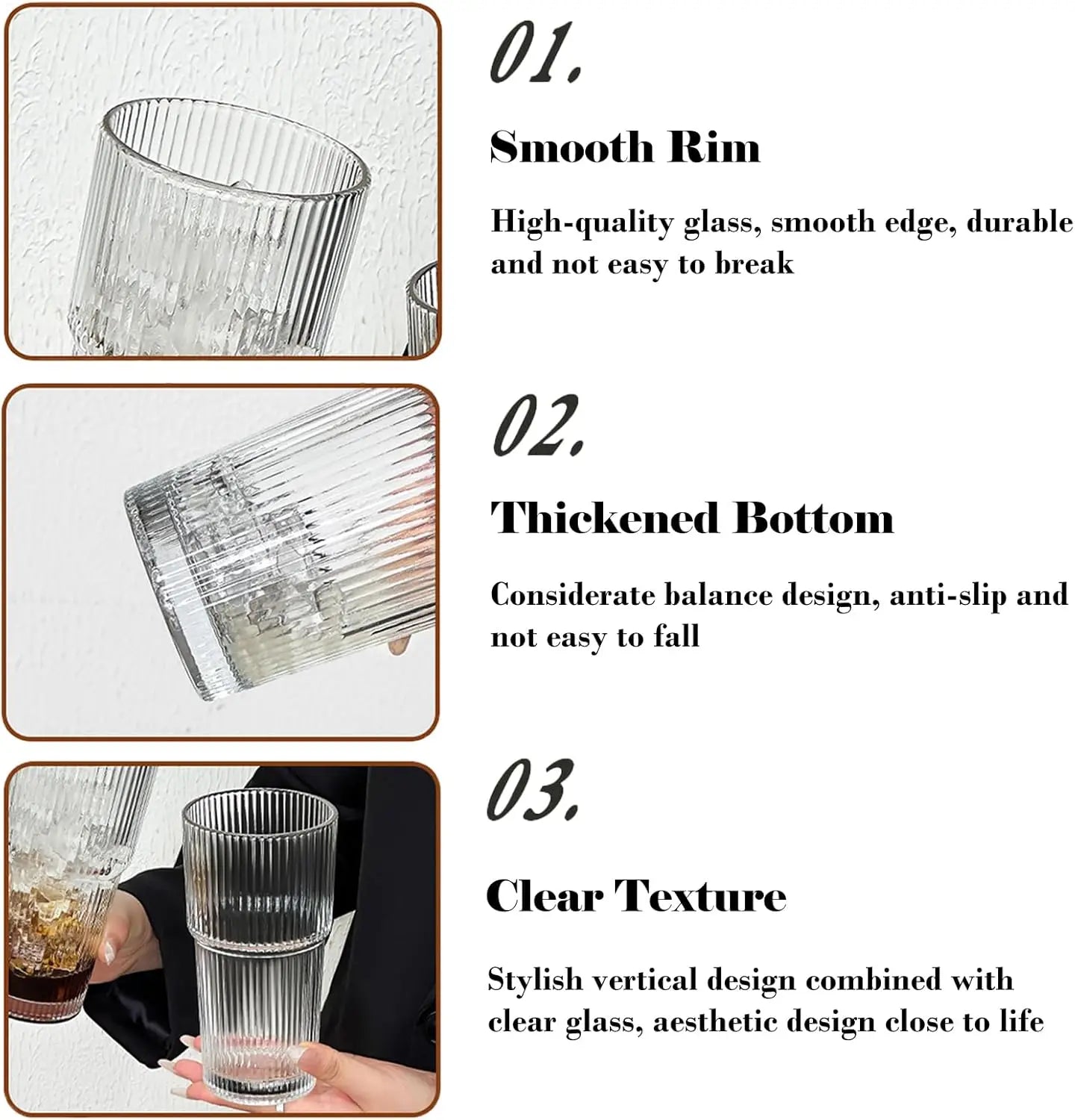 20oz Iced Coffee Cup with Lids, 2 Pack Clear Glass Tumbler with Straw & Lid, Ribbed Glassware Cups, Dishwasher Safe Drinking Gla