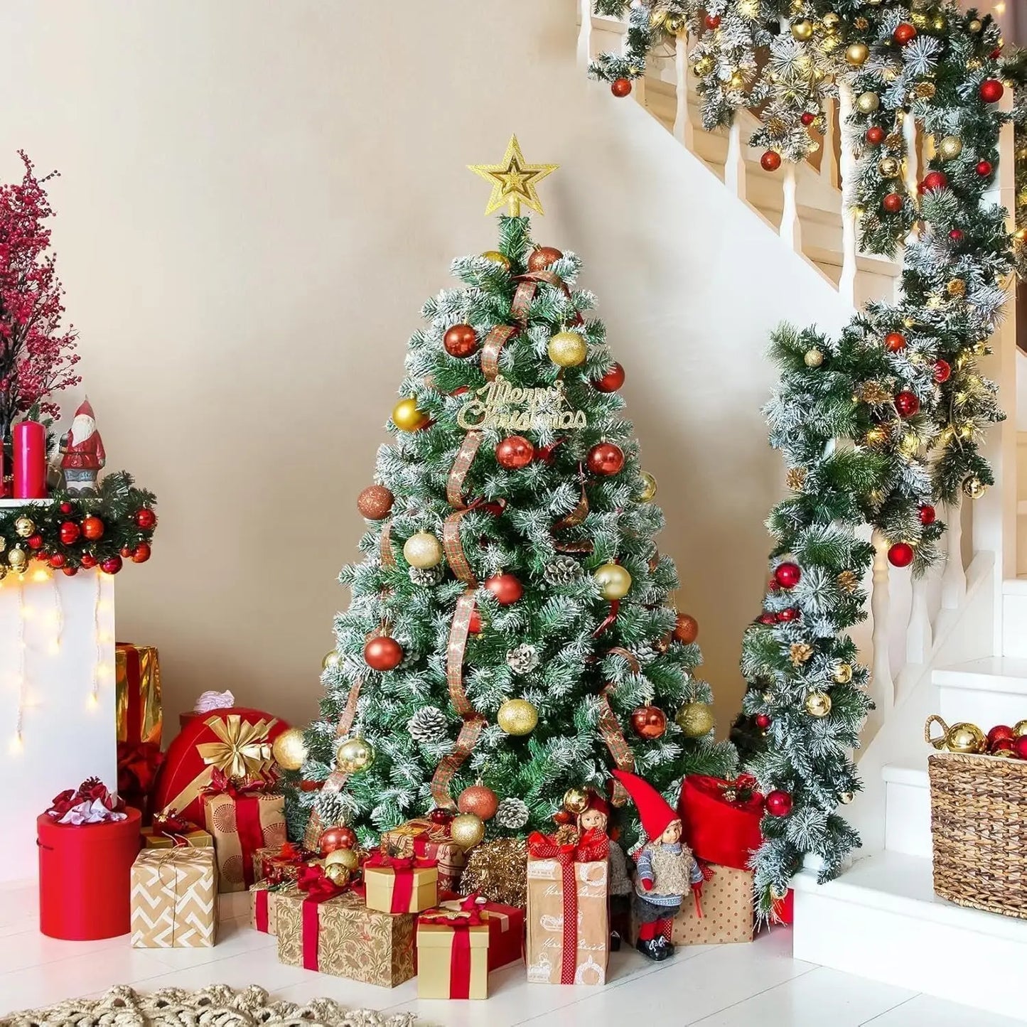 9ft Pre-Lit Christmas Tree Pre-Decorated with Pine Cones, 450 Tips Full Artificial Holiday Tree with Metal Stand for Home, Offic