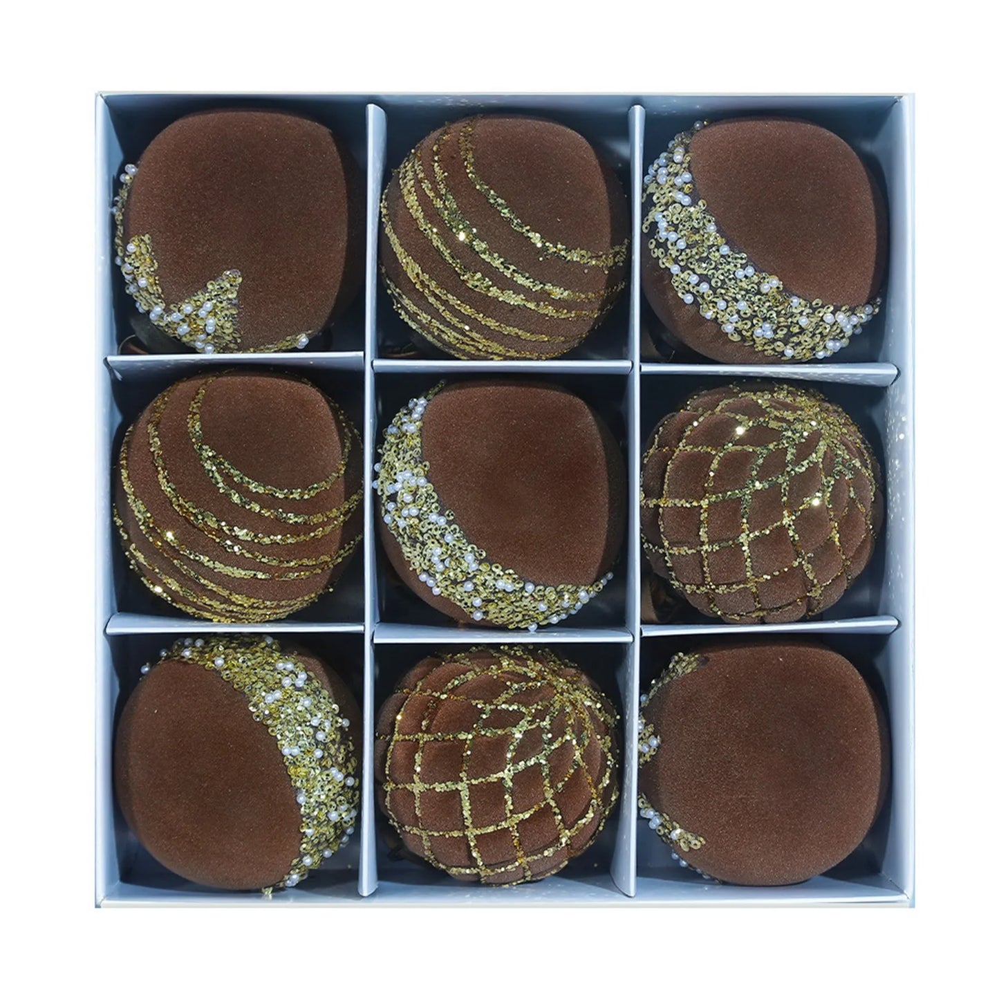 Christmas Ornament Red Gold Patterned Flocked Plastic 8cm 9pcs Christmas Tree Decor Festive Home Xmas Ball Set Accessory