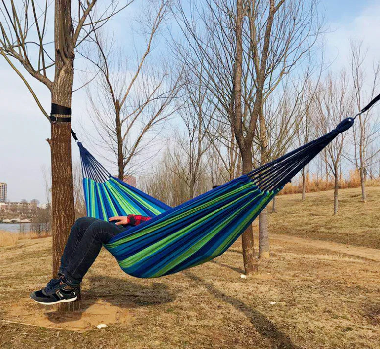 Vibrant Blue & Green Striped Outdoor Hammock - Breathable, Anti-Rollover Design with Secure Knots, Perfect for Garden, Balcony &
