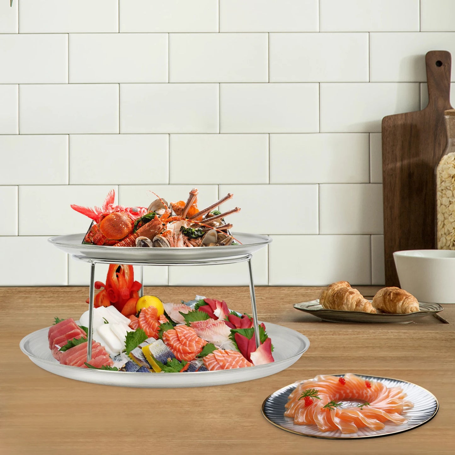 2-Tier Seafood Serving Plate Set, 20cm & 25cm Round Metal Tray with Stand, Silver Appetizer Dish, Sushi Tray, Party Platter