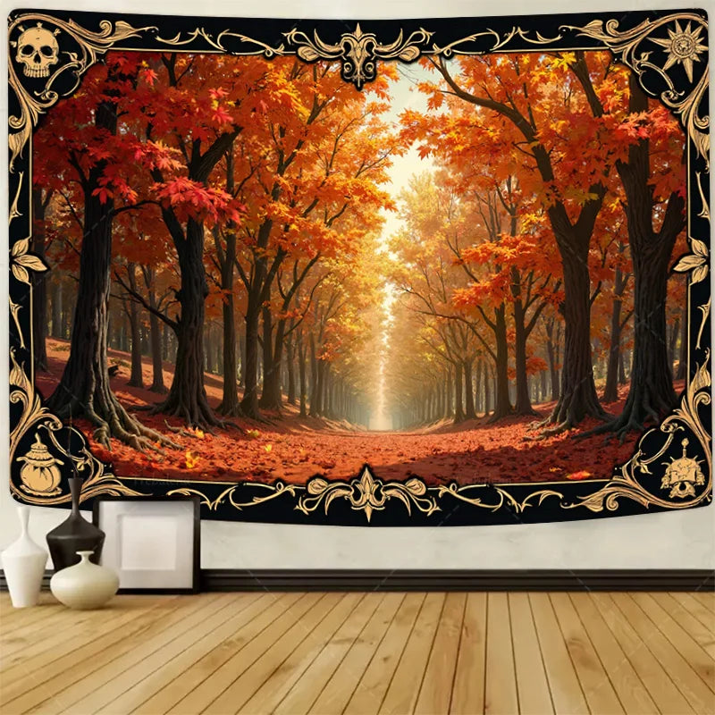 1pc Wall Tapestry Enchanted Winter Forest Tapestry - Golden Frame, Snowy Path, Cozy Cabin Decor
