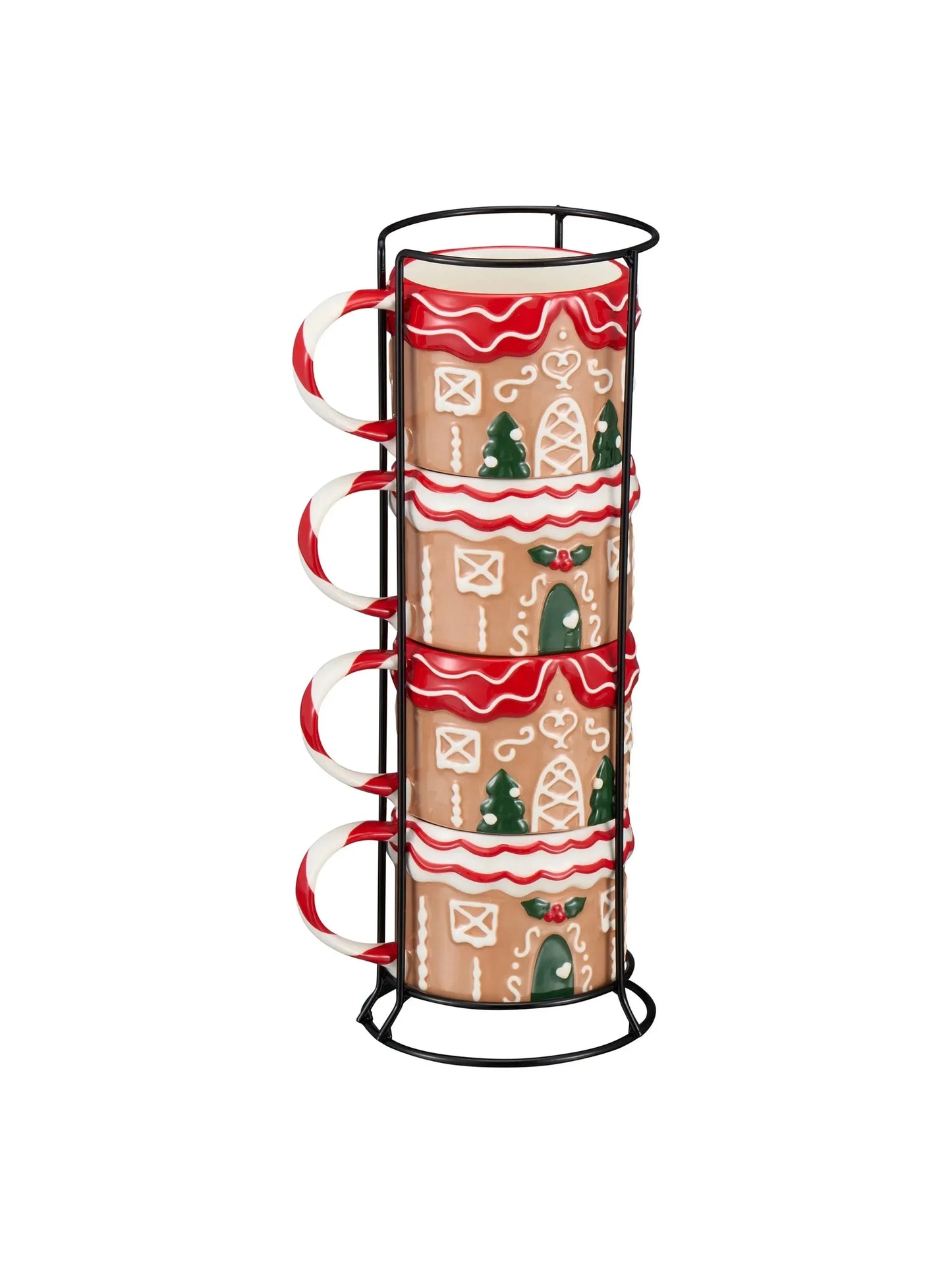 12oz Gingerbread House Stacking Mug Set – Glazed Stoneware, Includes Metal Rack
