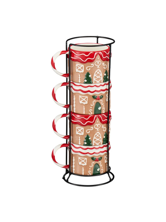 12oz Gingerbread House Stacking Mug Set – Glazed Stoneware, Includes Metal Rack
