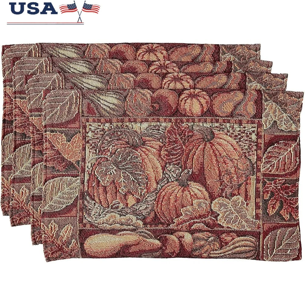 Fall Harvest Thanksgiving Decorative Placemats Set of 4 Cotton Polyester Tapestry Table Mats Autumn Events 13x19 Inch
