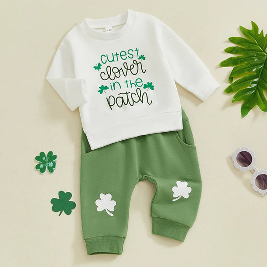 St Patrick s Day Baby Outfit Green Shamrock Print  and Pants Set for Newborn Infant Spring Clothes Collection