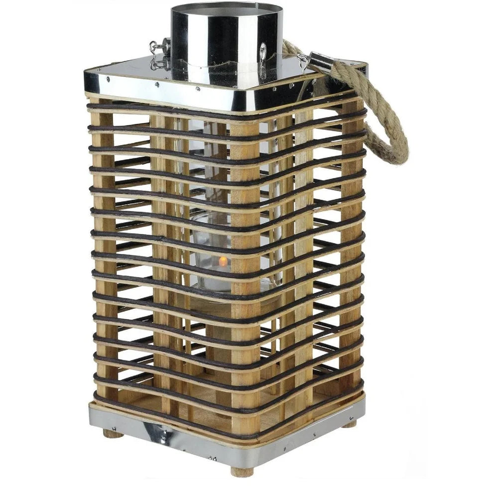 Rustic Rattan Candle Holder Lantern Glass Hurricane Jute Handle Outdoor Decor Unique Home Accent Rectangular 15.5 Inch