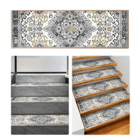 15PCS Carpet Stair Treads Set Reusable Non Slip Stairway Carpet Rugs Bohemian Indoor Skid Resistant Stair Tread for Wooden Steps
