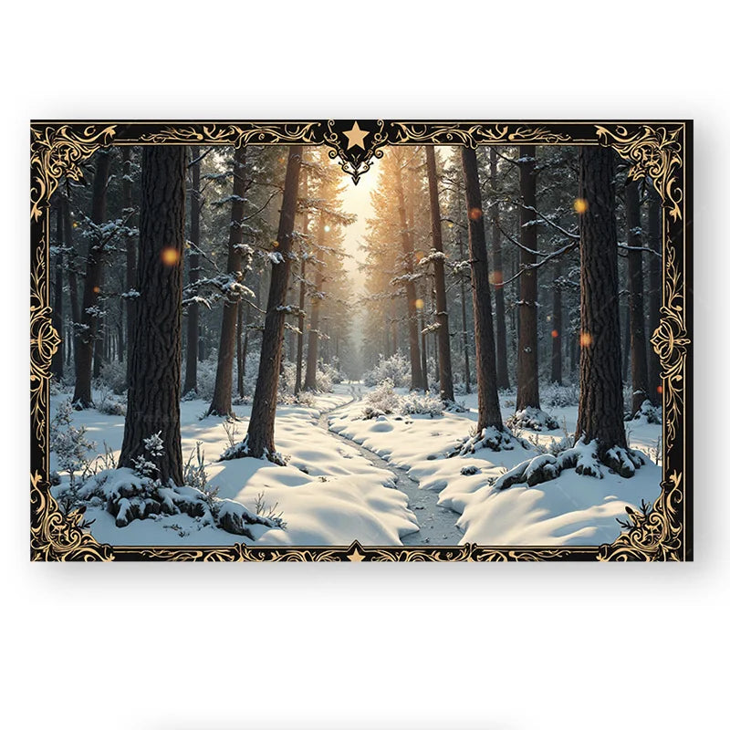 1pc Wall Tapestry Enchanted Winter Forest Tapestry - Golden Frame, Snowy Path, Cozy Cabin Decor