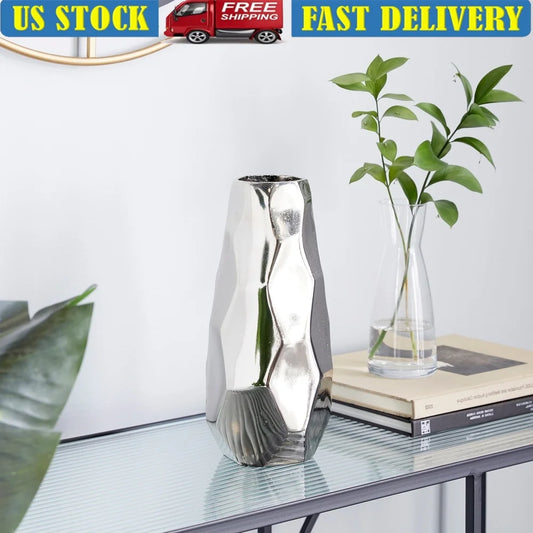 Geometric Silver Aluminum Vase Modern Decorative Home Accent Wipe Clean Lightweight Durable Indoor Use Stylish Decorative