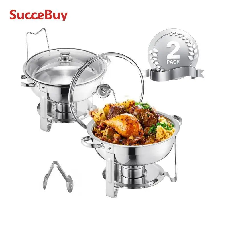 VEVOR 2 Pack Chafing Dish Buffet Stainless Steel Chafer with 4 Full Size Pan Round Catering Warmer w/Glass Lid for Party Banquet
