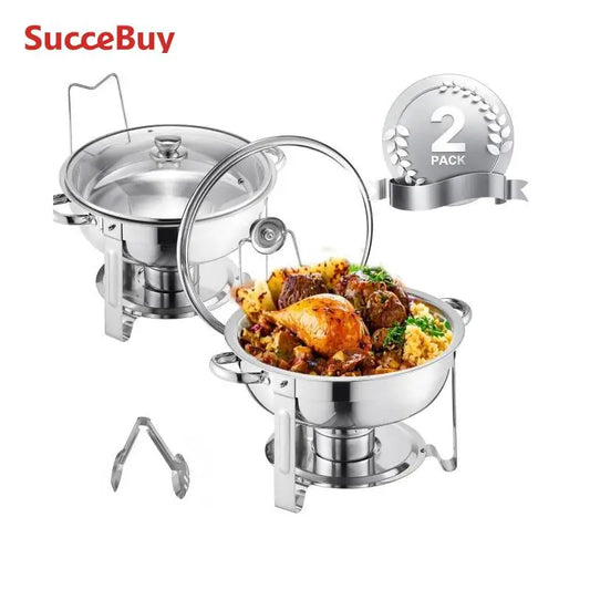 VEVOR 2 Pack Chafing Dish Buffet Stainless Steel Chafer with 4 Full Size Pan Round Catering Warmer w/Glass Lid for Party Banquet