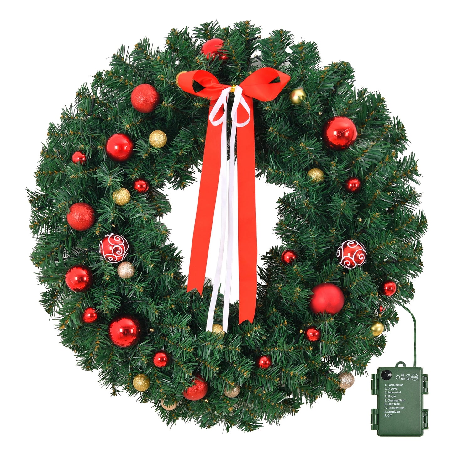 36in Pre-lit Battery Christmas Wreath, Lighted Artificial Xmas Wreath with 80 Warm Lights and 270 PVC Tips and 18 DIY Ornaments
