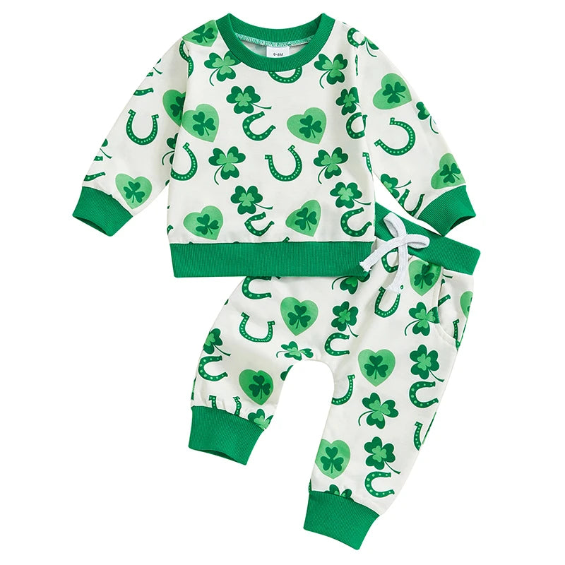 Green Clover Patterned Two-Piece Set Cozy Crew Neck Sweater with Matching Sweatpants St Patrick s Day Outfit for Toddlers