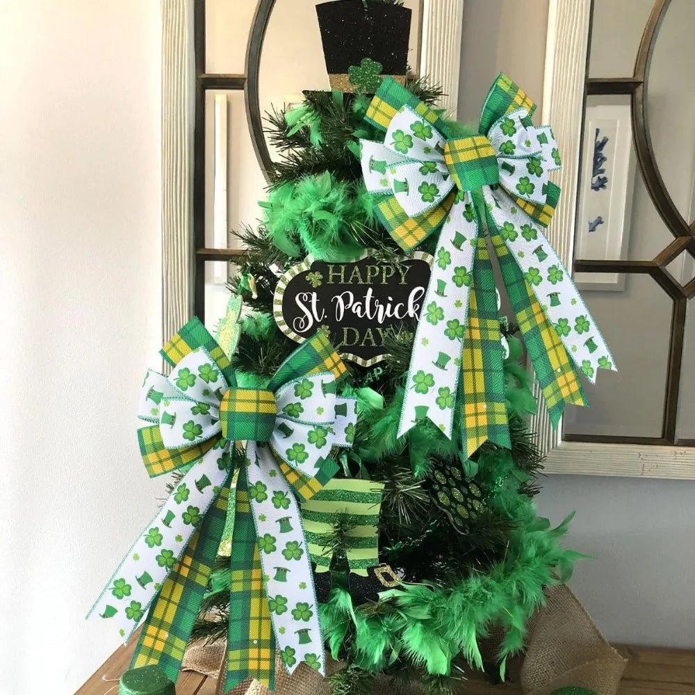 2 Pack St. Patricks Day Shamrock Bows for Door Frame Fireplace Tree Decorations - YEFIUO Clover Bows & Ribbons Decorative 8.66"*