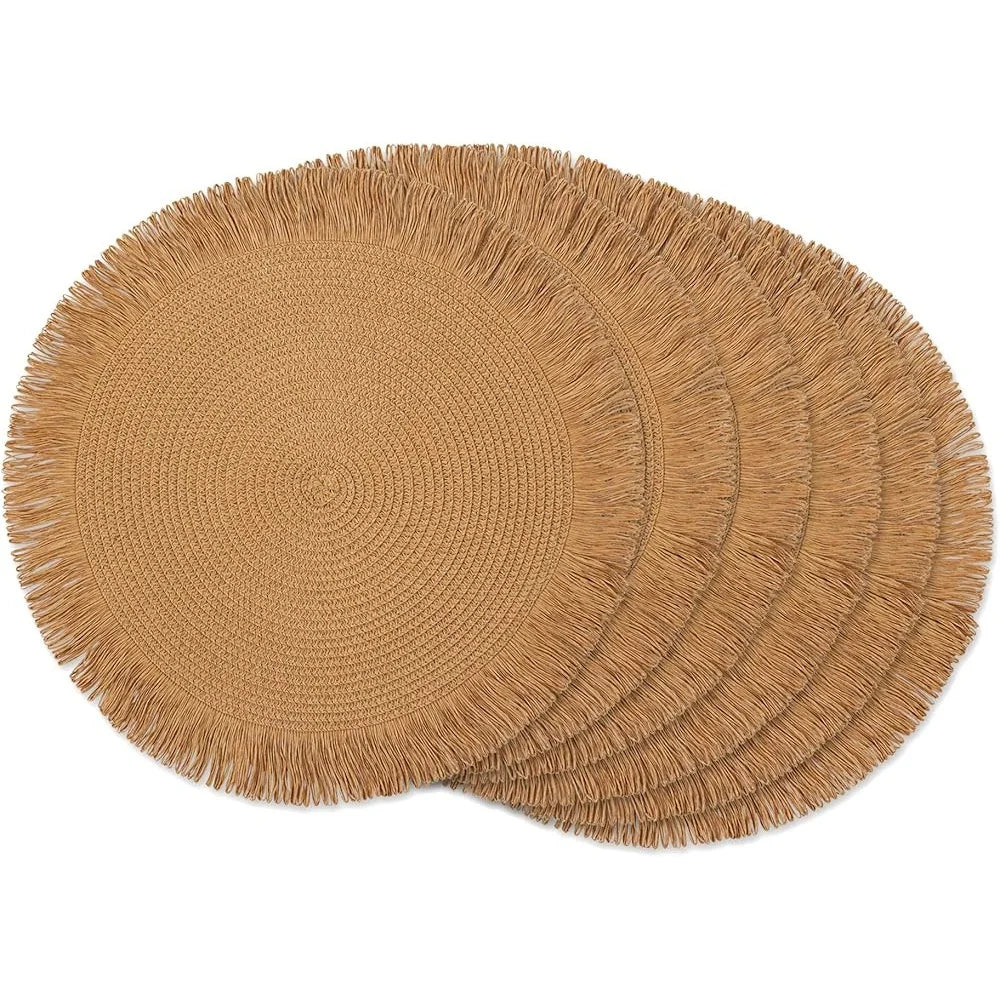 Woven Kitchen Collection Round Placemats Set of Six 15 Inch Natural Fringe Indoor Outdoor Table Settings Charger Mats