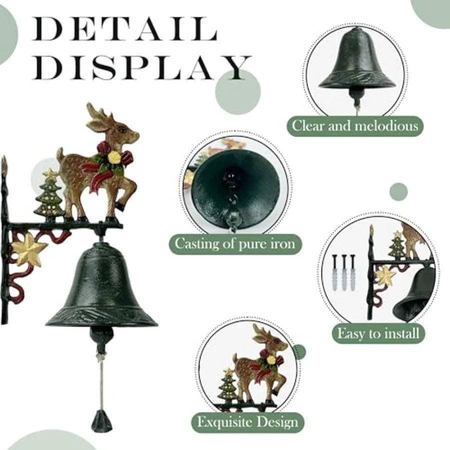 Cast Iron Christmas Dinner Bell for Door Outdoor HandPainted Rustic Doorbell Decor with Santa Reindeer Snowflakes Durable Festi