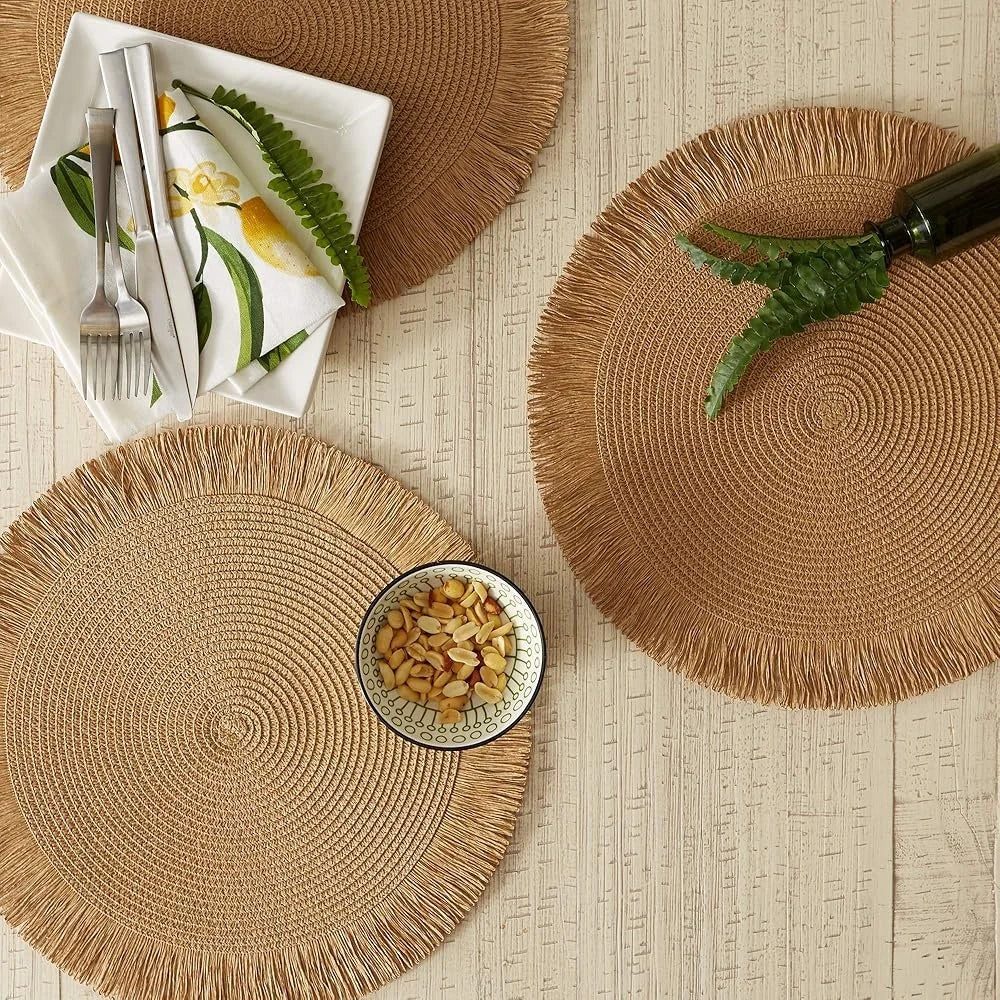 Woven Kitchen Collection Round Placemats Set of Six 15 Inch Natural Fringe Indoor Outdoor Table Settings Charger Mats