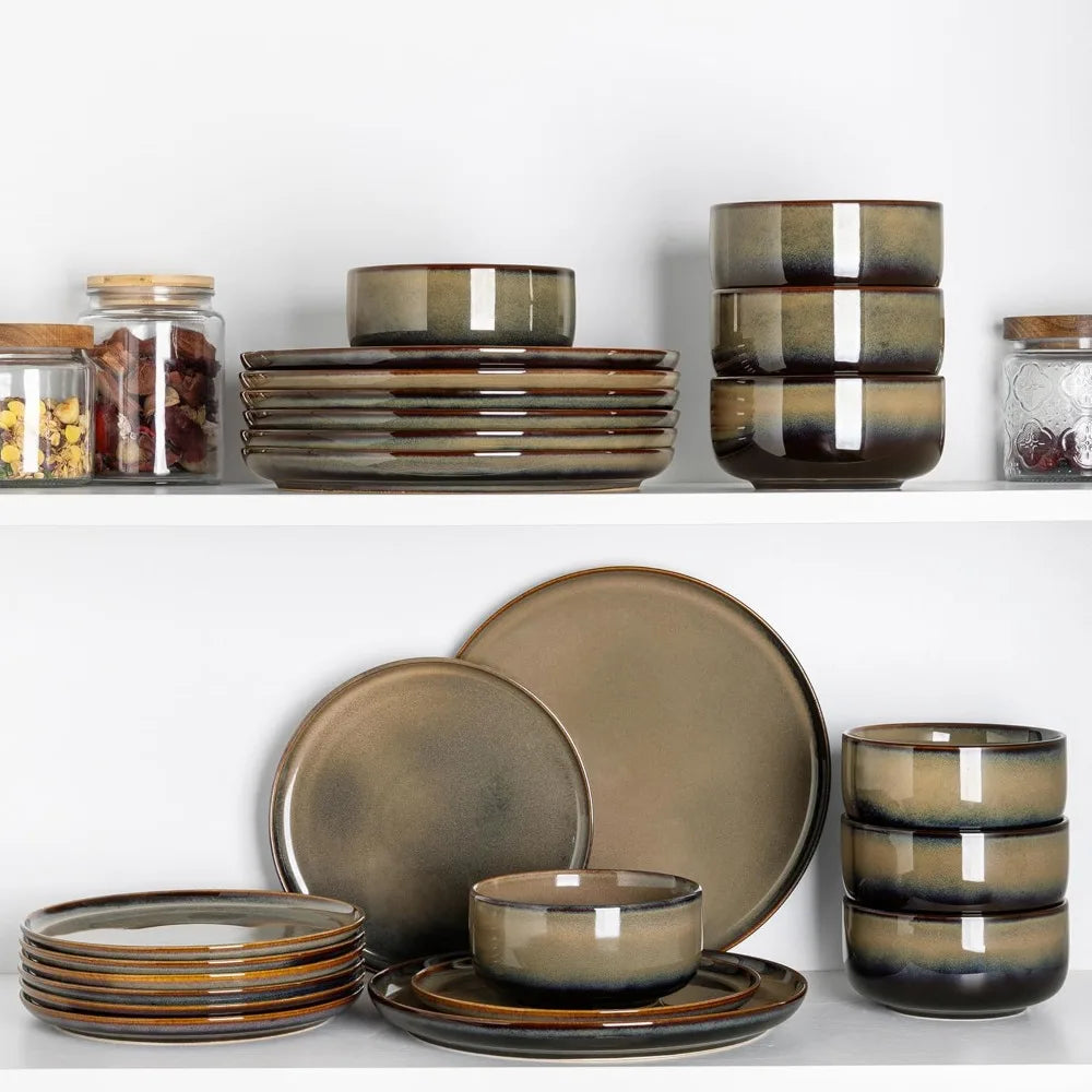 Handcrafted Terra Ceramic 8-Person Dinnerware Set with 24 Reactive Glazed Pieces, Including Plates and Bowls, Durable and Oven-S
