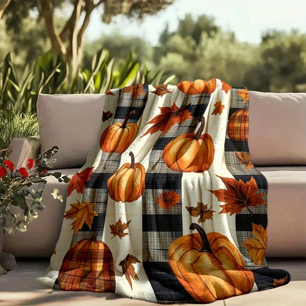 1pc Pumpkin & Fall Leaves Flannel Blanket - Soft Orange/Black/Plaid Pattern Throw - Machine Washable All-Season Bedspread