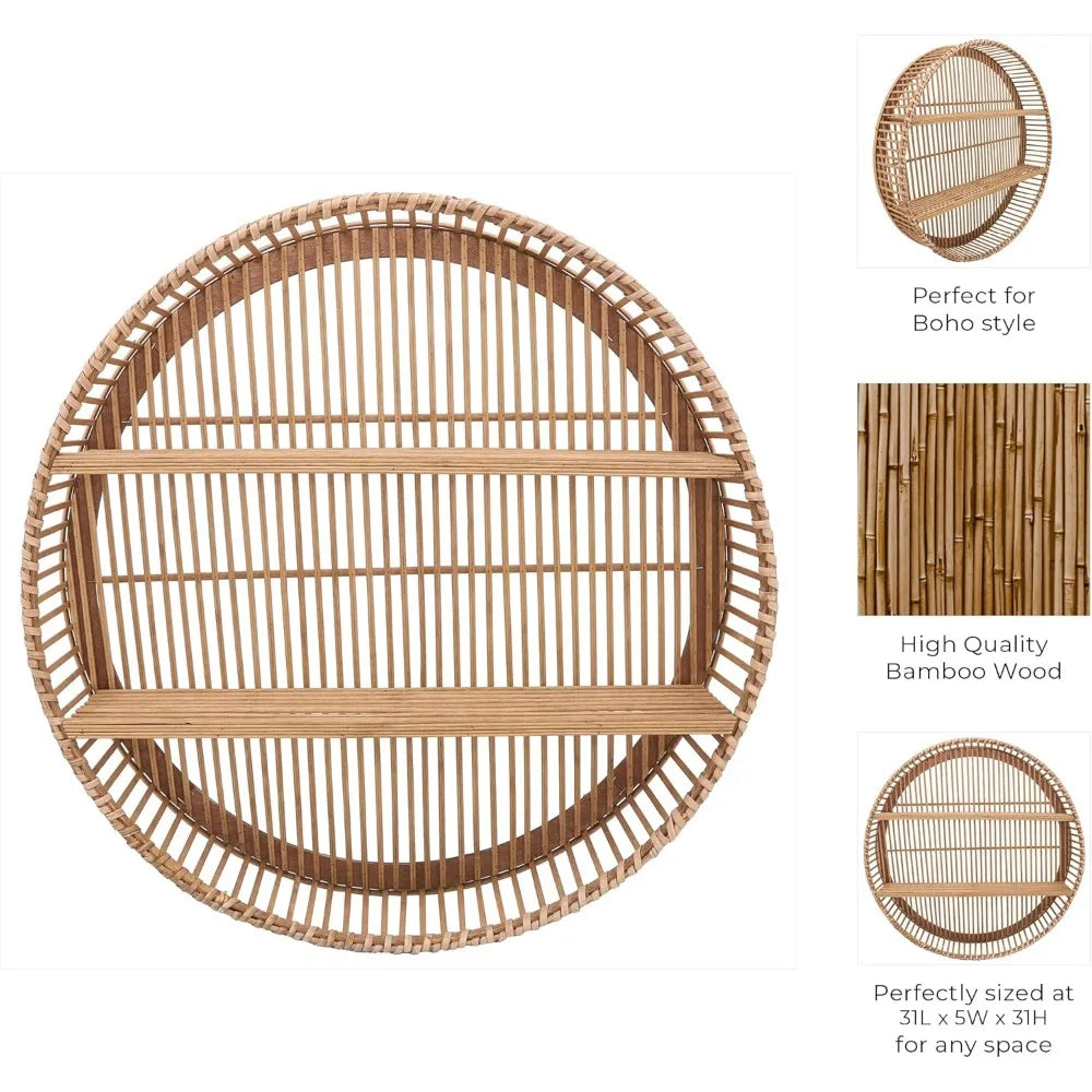 Bamboo Wall Shelf - Boho Decorative Round Floating Shelves - Rustic Hanging Storage Organizer for Home, Office, Bedroom, Living