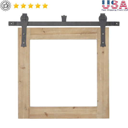 30x27 Wall Mirror with Metal Hanging Rod Indoor Use Reflective Accent Durable Wooden Frame Iron Hardware Farmhouse Style