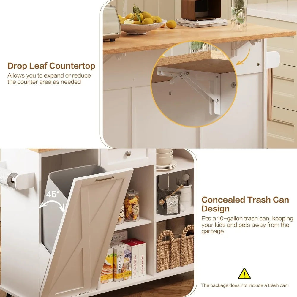 Rolling Kitchen Island with Trash Can Storage, 48” Kitchen Island Cart with Drop Leaf Countertop, Island Table with Drawer & She