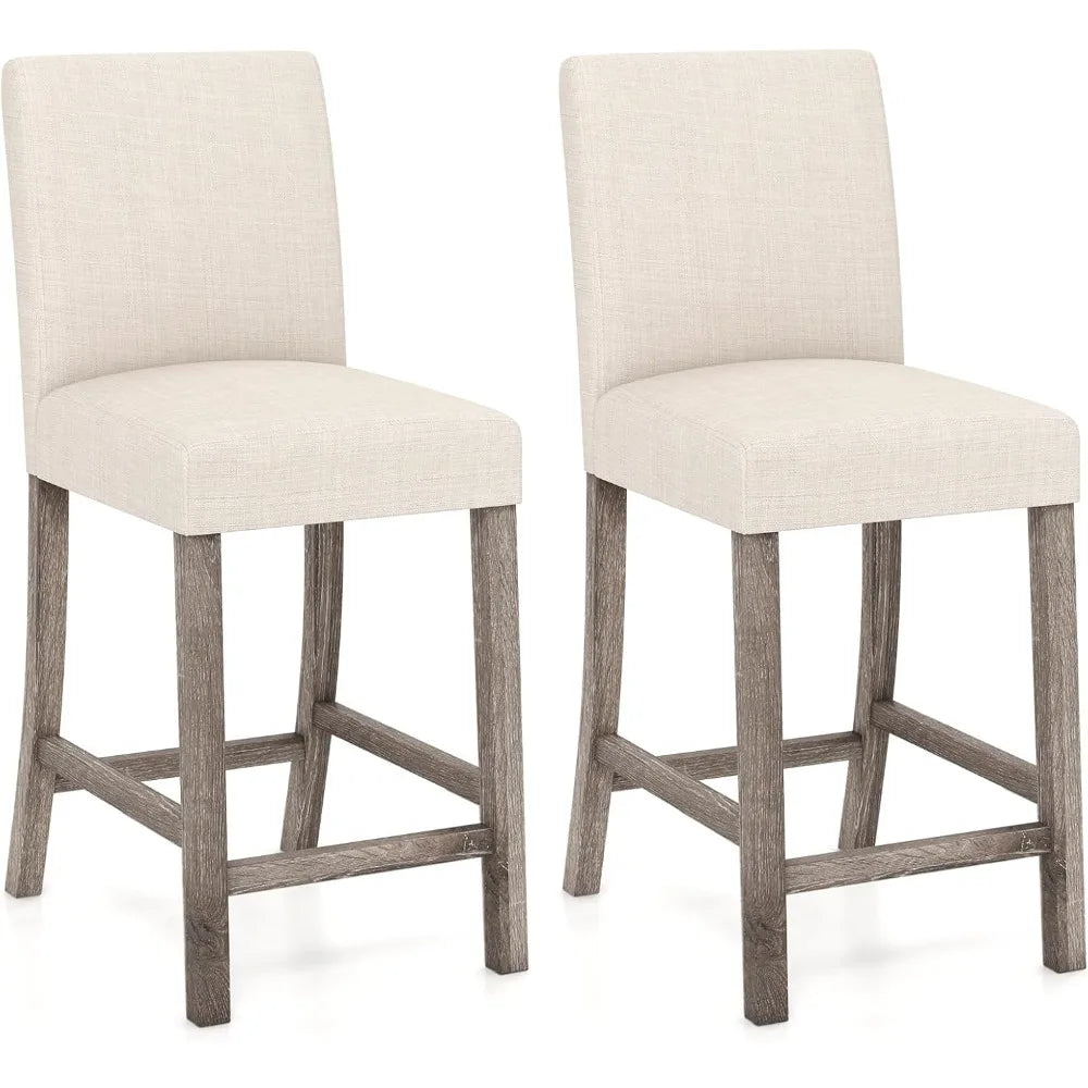 Bar Stools Counter Height Set of 2, 24.5" Modern Fabric Bar Chairs with Back, Footrest & Solid Wood Legs, Upholstered