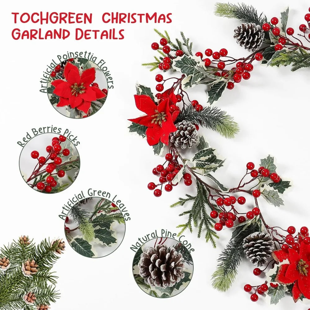 6FT Red Berry Christmas Garland,Artificial Berries Garland with Pine Cones,Poinsettia Flowers and Holly Leaves,Poinsettia Chris